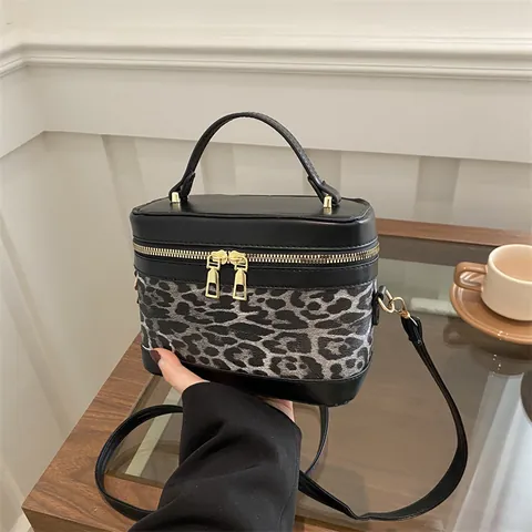 Borsa Vanity Box da Donna con Stampa Leopardata in Pelle PU Patchwork Borsa a Mano Vintage a Spalla Tracolla Moda Quotidiana