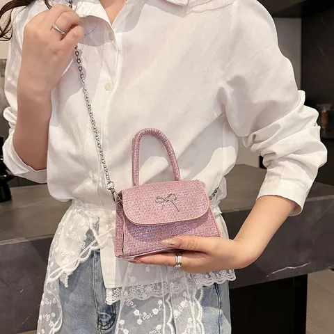 Damen Elegant Glitzer Schleife Mini Handtasche Mit Metallkette Glänzend Abend Party Umhängetasche Schultertasche