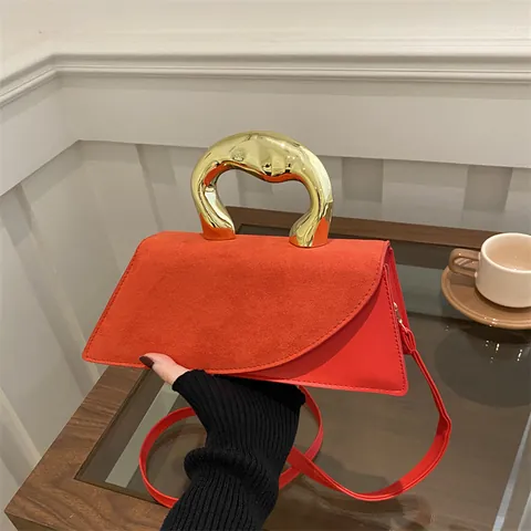 French Niche Design Women Handbag Asymmetric Geometric Small Square Bag Irregular Golden Metal Handle Shoulder Crossbody Bag