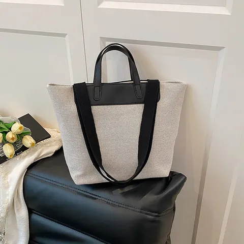 Japans Minimalistisch Canvas Tote Bag Vrouwen Grote Capaciteit Kunstleer Patchwork Contrast Schoudertas Dagelijkse Forenzen Handtas