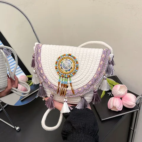 Bohemian Ethnische Gewebte Crossbody Satteltasche Mit Quasten Und Perlen Handgemachte Stroh Umhängetasche Für Sommer Strand Damen Mode