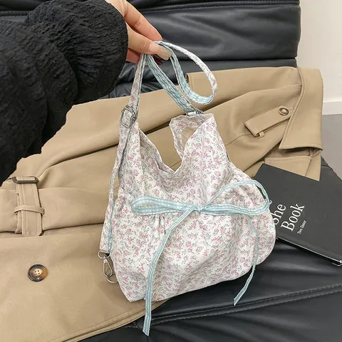 Sac à Main en Nylon Imprimé Floral pour Femmes Style Pastoral Frais Sac à Bandoulière à Cordon Avec Nœud Sac Fourre-Tout