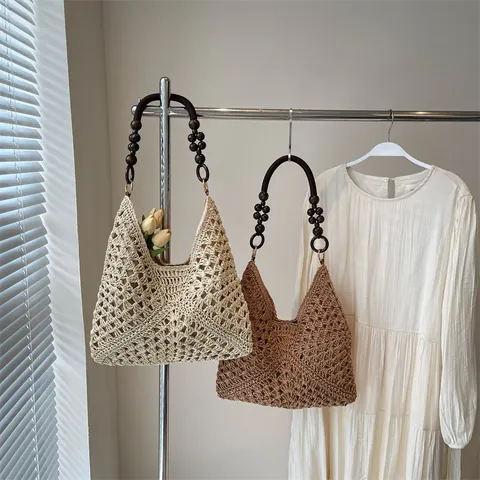 Woven Shoulder Bag Crochet Straw Tote With Wooden Bead Handle Hollow Out Beach Vacation Boho Style Handbag For Women