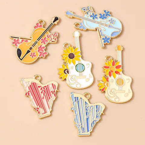 Alloy Enamel Musical Instrument Charms Harp Cello Guitar Sunflower Pendants For Jewelry Making DIY Necklace Accessories