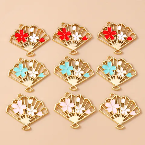 Vintage Zinc Alloy Sakura Folding Fan Charms Enamel Drip Oil Pendants For DIY Jewelry Making Earrings Necklace Bracelet Crafting Supplies