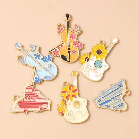 Alloy Enamel Musical Instrument Charms Harp Cello Guitar Sunflower Pendants For Jewelry Making DIY Necklace Accessories