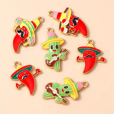 Mexican Style Enamel Chili Cactus Charms Zinc Alloy Cartoon Sombrero Pendants For DIY Jewelry Making Necklaces Earring Accessory