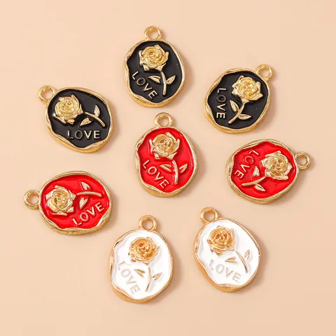 Pastoral Rose Flower Oval Pendant Love Letter Enamel Zinc Alloy Charm For DIY Jewelry Making Necklace Earrings Accessories