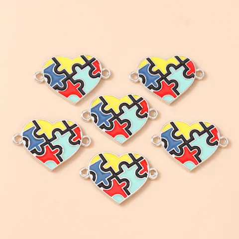 10Pcs Heart Shape Puzzle Enamel Connector Charms For Jewelry Making DIY Colorful Alloy Drip Oil Autism Awareness Pendants Necklaces Accessories