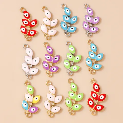 Alloy Enamel Leaf Charms Evil Eye Design Double Loop Connectors For DIY Necklace Bracelet Jewelry Making Supplies