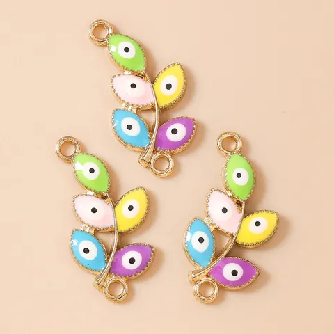 Alloy Enamel Leaf Charms Evil Eye Design Double Loop Connectors For DIY Necklace Bracelet Jewelry Making Supplies