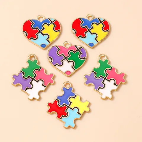 Enamel Multicolor Puzzle Heart Shape Alloy Pendants For DIY Jewelry Making Necklace Bracelet Keychain Handcraft Accessory Gift