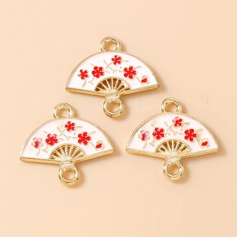 Pendentif Éventail en Émail Fleur de Prunier Style Chinois Connecteur Double Boucle en Alliage pour DIY Bijoux Vintage Accessoire Floral