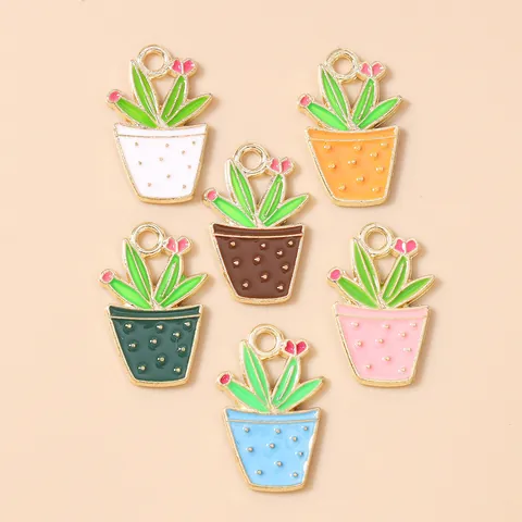 Enamel Alloy Cactus Potted Plant Charms For DIY Necklace Bracelet Keychain Jewelry Making Accessory Flower Plant Pendant
