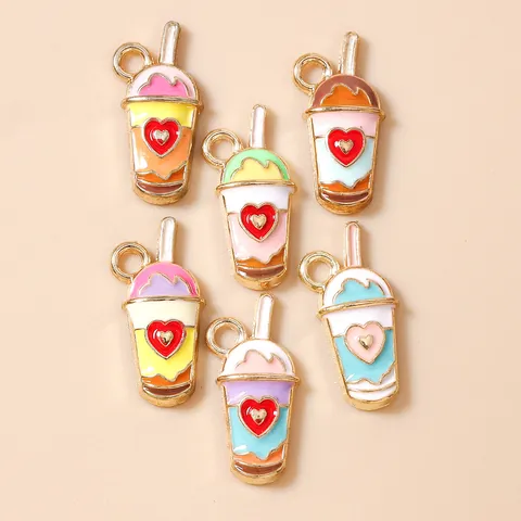 Alloy Enamel Milk Tea Cup Charms With Heart Pattern Colorful Beverage Pendant For DIY Earrings Bracelet Jewelry Making Accessories