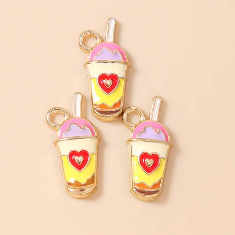 Alloy Enamel Milk Tea Cup Charms With Heart Pattern Colorful Beverage Pendant For DIY Earrings Bracelet Jewelry Making Accessories