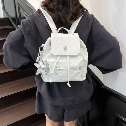 Koreanischer Stil Sterndruck Nylon Fashion Mini Rucksack Kleine Schultasche Für Damen Mädchen Täglich Reisen Sternanhänger