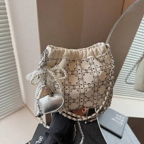 Bolso de Cubo para Mujer con Cuadrícula de Strass Urbano Simple Amuleto Corazón Perla Artificial Cadena Bandoulière Moda Bolso de Mano
