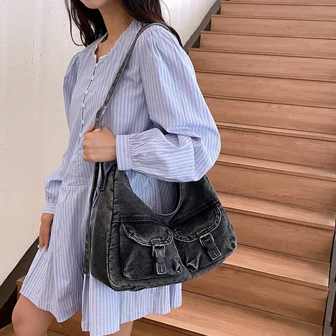 Sac Cabas en Denim Délavé Vintage pour Femmes Sac à Épaule Rétro à Multi-poches Grande Capacité Style Hobo Streetwear