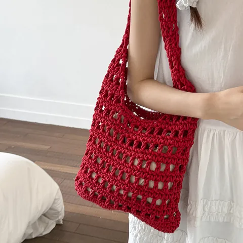 Bolso de Playa de Ganchillo para Mujer Bolso Tote de Hombro de Malla Tejido a Mano para Vacaciones de Verano Compras