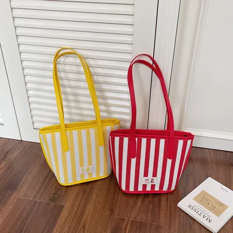 Women Vertical Striped Canvas Tote Bag Large Capacity Minimalist Shoulder Bag With Contrast Artificial Leather Handles Fashion Daily Handbag