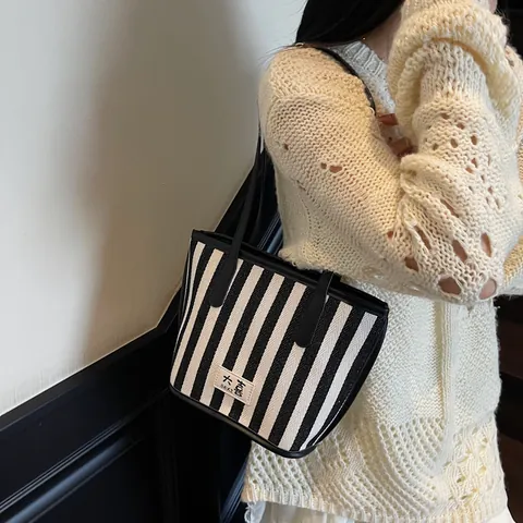 Women Vertical Striped Canvas Tote Bag Large Capacity Minimalist Shoulder Bag With Contrast Artificial Leather Handles Fashion Daily Handbag