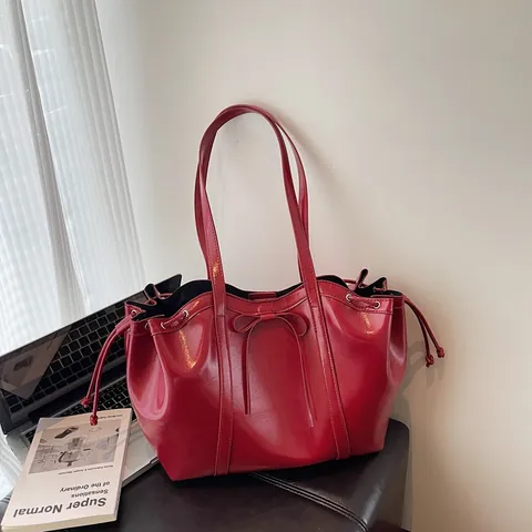Bolso Tote de Cuero PU Brillante de Gran Capacidad para Mujer Elegante Lazo Cordón Bolso de Hombro de Axila Moda de Viaje