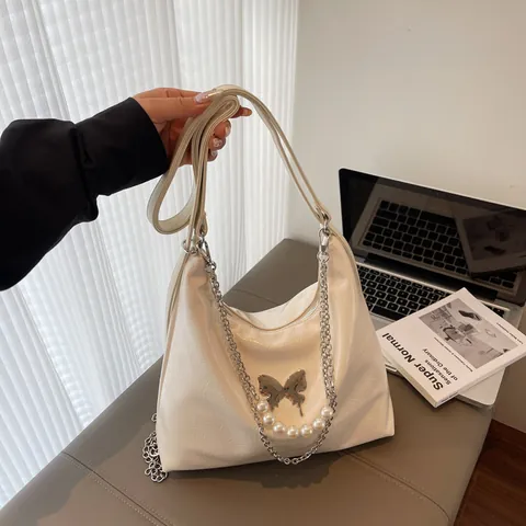 Damen Große Kapazität PU Leder Einkaufstasche Mode Sweet Cool Schmetterling Künstliche Perlenkette Schultertasche Multifunktionaler Rucksack
