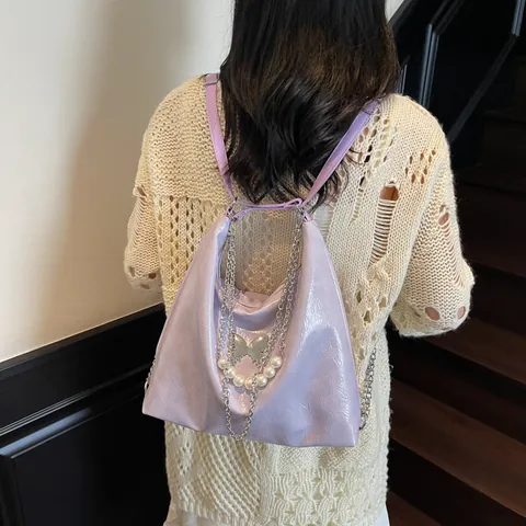 Damen Große Kapazität PU Leder Einkaufstasche Mode Sweet Cool Schmetterling Künstliche Perlenkette Schultertasche Multifunktionaler Rucksack