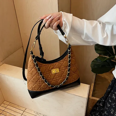 Borsa a Tracolla Trapuntata Vintage Donna in Pelle PU con Catena a Rombi Patchwork Hobo Bag per Ufficio Quotidiano Crossbody