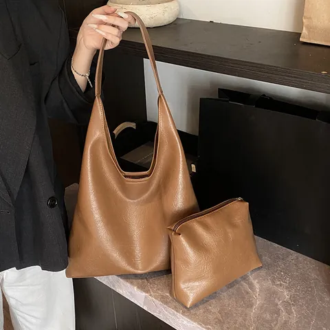 Dames Grote PU Lederen Shopper Vintage Schoudertas Met Bijpassend Tasje Zachte Onderarm Hobo Tas Voor Dagelijks Gebruik