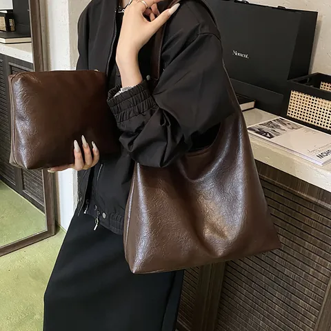 Dames Grote PU Lederen Shopper Vintage Schoudertas Met Bijpassend Tasje Zachte Onderarm Hobo Tas Voor Dagelijks Gebruik