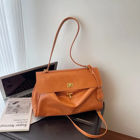 Women Large Capacity Synthetic Leather Tote Bag Vintage Shoulder Handbag With Gold Twist Lock For Office Commuter Work Daily Travel
