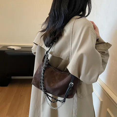 Borsa a Spalla Hobo Donna in PU Opaco Retrò Borsa a Tracolla Minimalista a Mezzaluna Con Corda Intrecciata e Catena