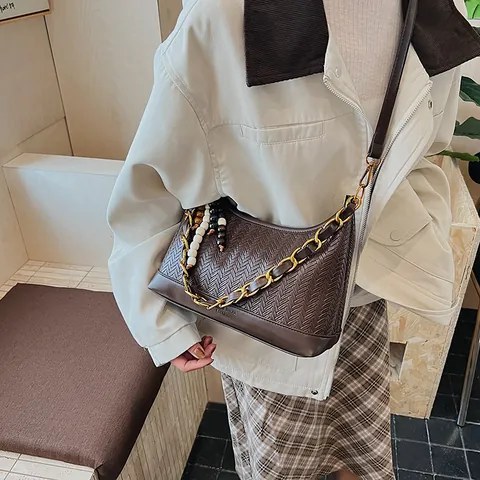 Damen Retro Wildleder PU Leder Spleißen Knödel Umhängetasche Mit Perlen Tassel Anhänger Kette Minimalistische Hobo Schultertasche