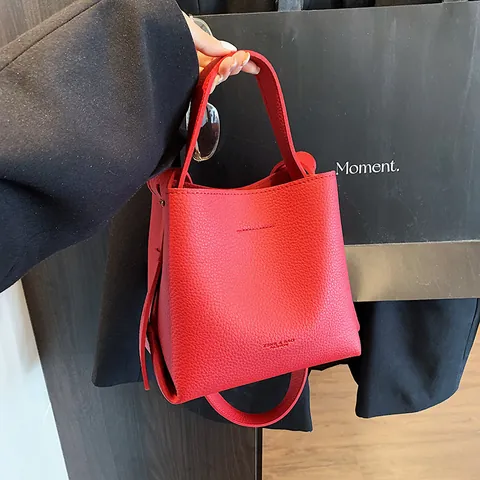 Women Litchi Pattern PU Leather Bucket Bag Minimalist Small Handbag With Adjustable Shoulder Strap Casual Crossbody Bag