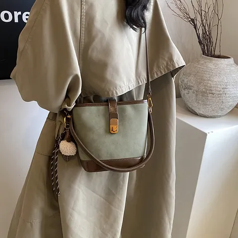 Dames Mode PU Leer Emmer Tas Contrastkleur Patchwork Handtas Met Hanger Schoudertas Retro Minimalistische Tote