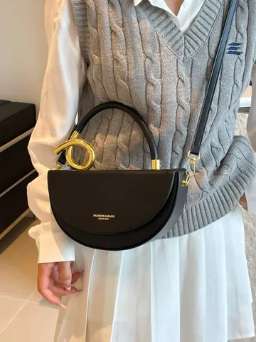 Women Half Moon Saddle Bag PU Leather Metal Handle Shoulder Bag Daily Crossbody Bag Minimalist Handbag Chic Commuting Purse