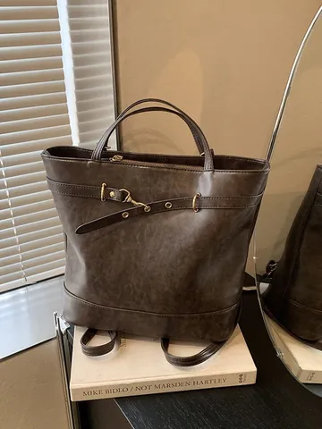 Mochila Tote de Cuero PU Vintage para Mujer Gran Capacidad Color Sólido Bolso de Hombro para Viaje Con Hebilla de Metal