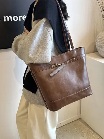 Mochila Tote de Cuero PU Vintage para Mujer Gran Capacidad Color Sólido Bolso de Hombro para Viaje Con Hebilla de Metal