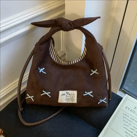 Women Sweet Suede Bow Cloud Crossbody Bag Retro Coffee Shoulder Bag With Ribbon Bow Striped Lining Knotted Handle Daily Handbag