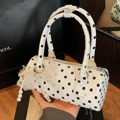 Women Fashion Polka Dot Barrel Handbag Sweet Bow Pearl Pendant Shoulder Crossbody Bag PU Patent Leather Cylinder Bag