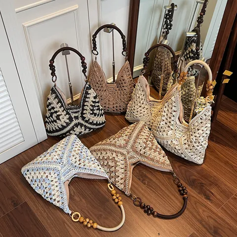 Bohemian Woven Tote Bag For Women Handcrafted Shoulder Bag With Wood Bead Handle Crochet Summer Beach Vacation Handbag
