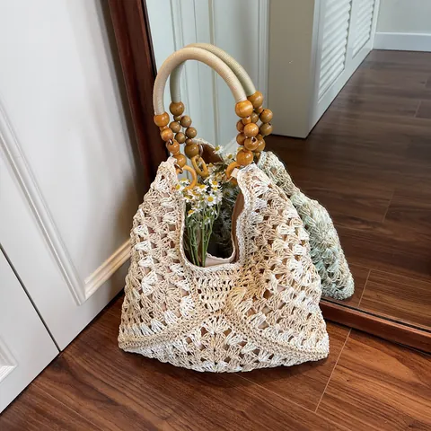 Bohemian Woven Tote Bag For Women Handcrafted Shoulder Bag With Wood Bead Handle Crochet Summer Beach Vacation Handbag
