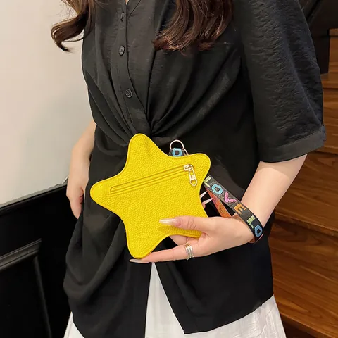 Fashionable Star Shaped Lychee Pattern PU Leather Coin Purse With Colorful LOVE Letter Woven Hand Strap Small Bag For Women Daily Decoration
