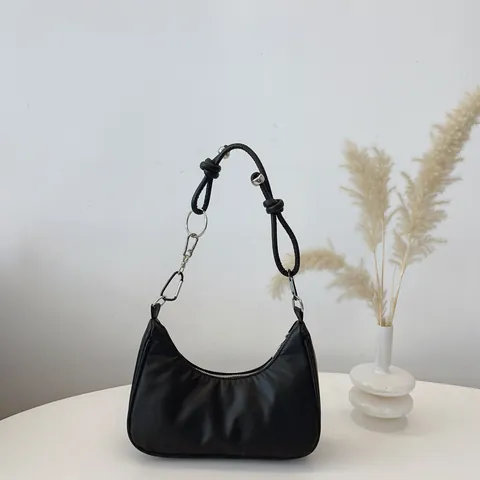 Minimalist Black PU Leather Underarm Bag For Women Unique Knotted Strap Silver Metal Ring Hobo Shoulder Bag Commute Handbag