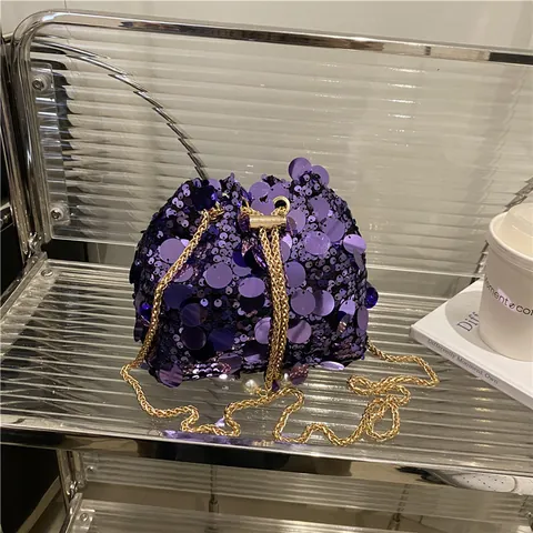 Borsa a Secchiello con Paillettes da Donna Scintillante Borsa a Tracolla a Catena Per Feste Con Coulisse di Künstliche Perle Moda