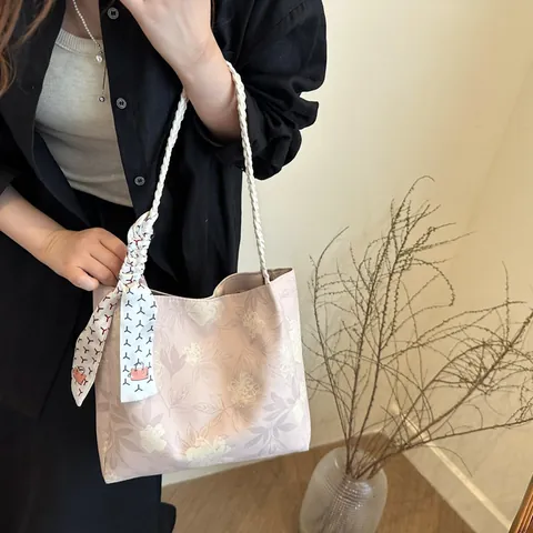 Women's Floral Print Canvas Tote Bag With Braided Rope Handle And Decorative Satin Scarf Casual Commuter Shoulder Bag