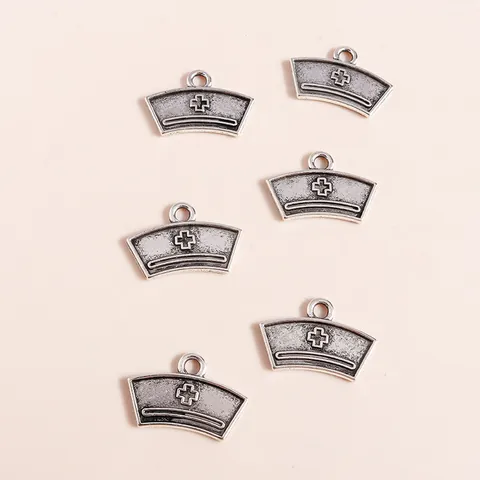 Vintage Alloy Electroplated Nurse Hat Pendant With Cross Symbol Antique Silver DIY Jewelry Accessories Craft Hanging Charms