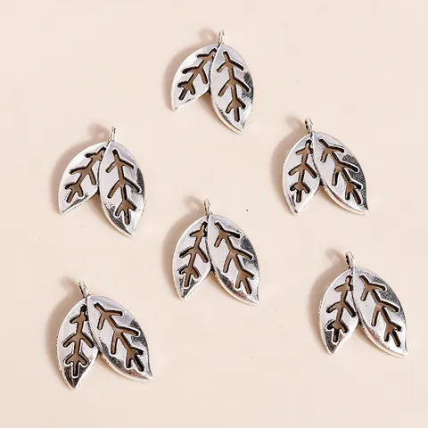 Vintage Antique Silver Plated Alloy Hollow Double Leaf Charms For DIY Jewelry Making Pendants Necklace Accessory
